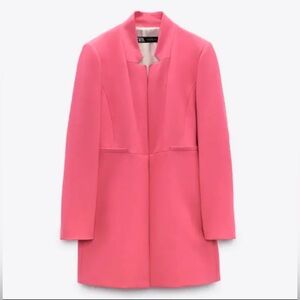 NWT ZARA WOMEN FITTED INVERTED LAPEL FROCK COAT LONG BLAZER PINK